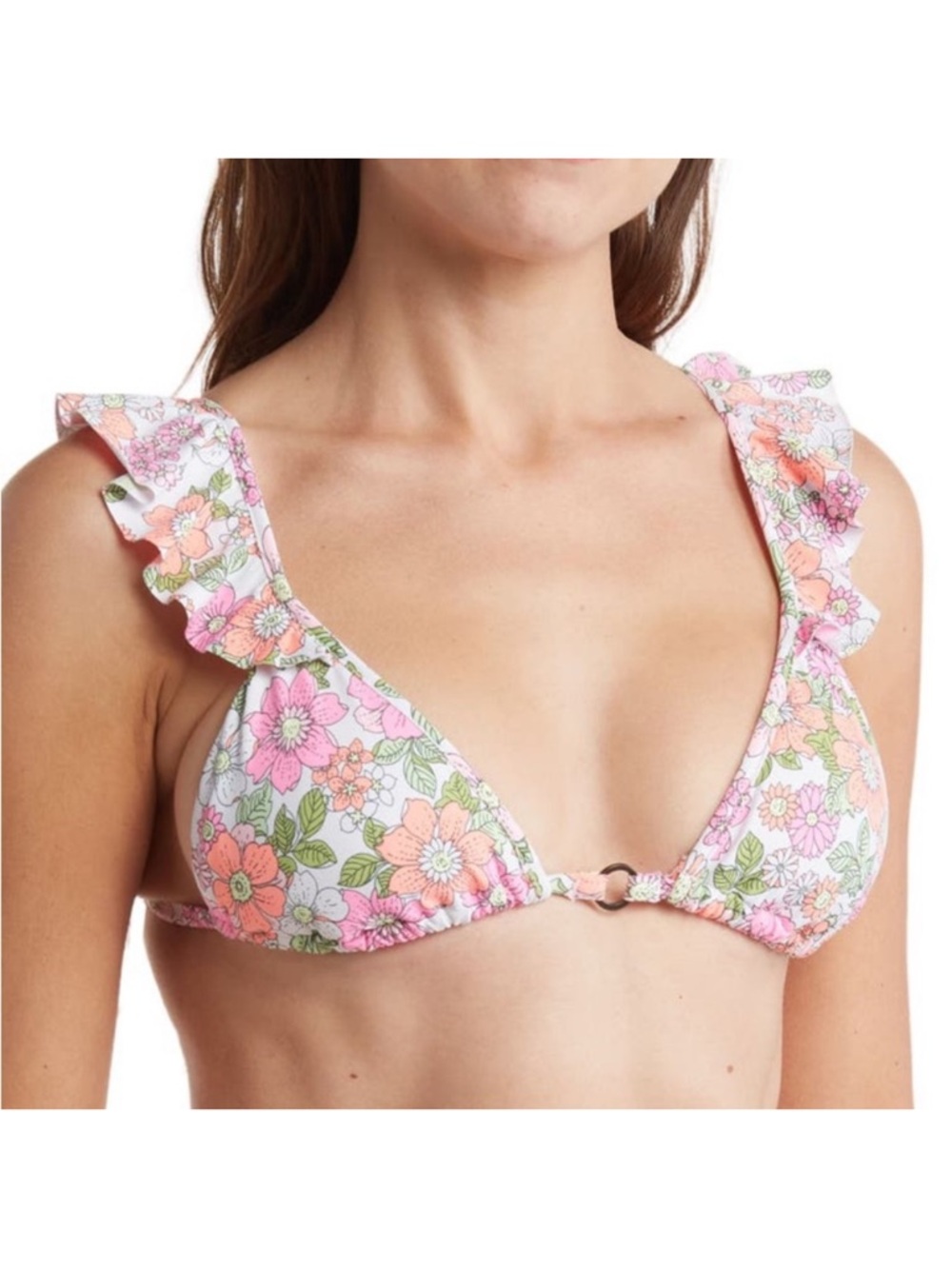 Maaji Flower Power Pirouette Sliding Triangle Pink Ruffle Bikini Top Medium NEW